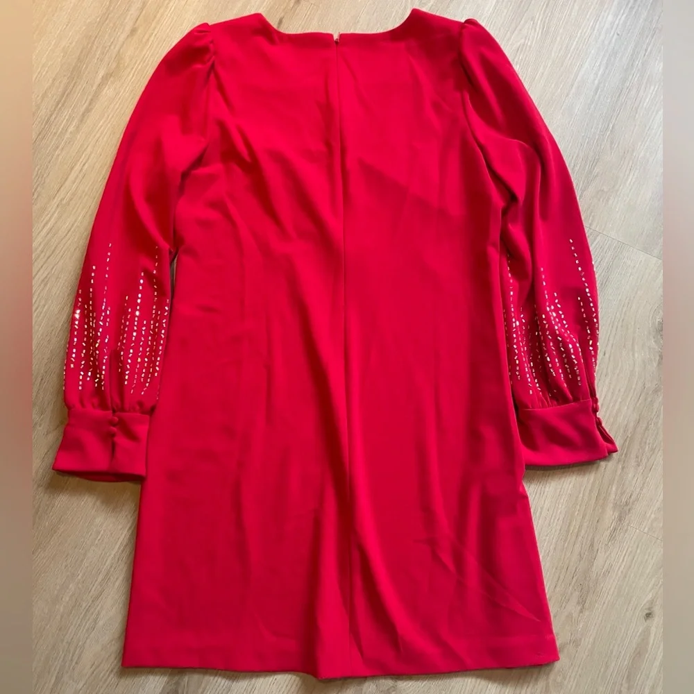 Calvin Klein Red Long-Sleeve Embellished Shift Dress - Picture 9 of 14